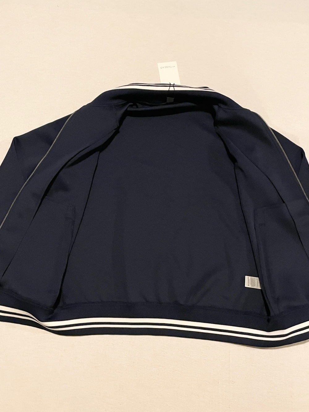 en THREAD Navy Blue Full Zip Track Jacket Sporty White Stripes Size Small Flaws - Picture 12 of 16